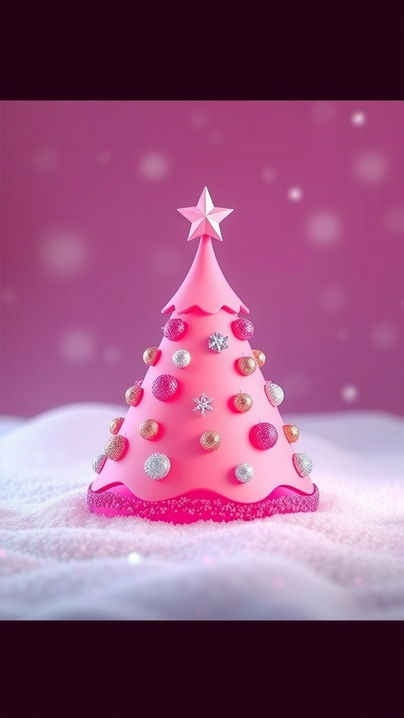 A pink 3D Christmas tree icon with ornaments and a star on a snowy background.